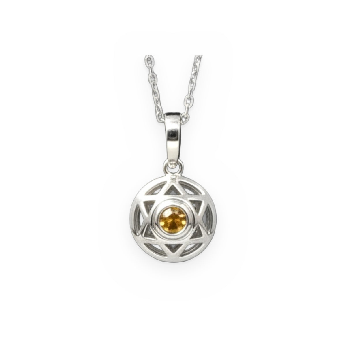 White gold Star of David medallion pendant with a bezel-set citrine center on a rope chain