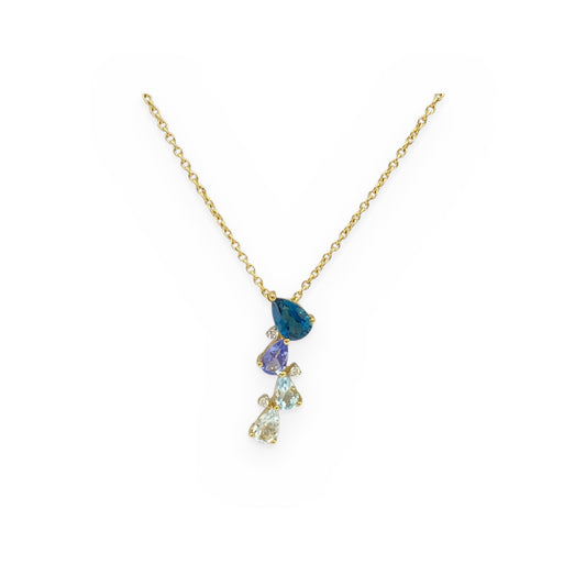 Yellow gold cascade pendant of graduated blue and green pear-shaped gemstones with diamond accents