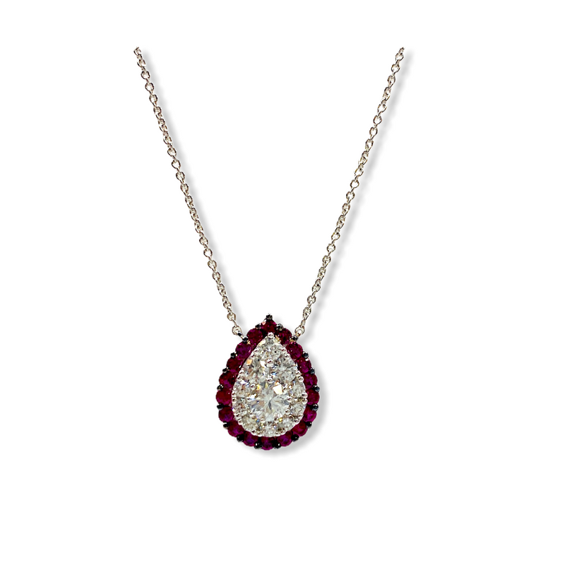 White gold pear-shaped diamond cluster pendant with a ruby halo