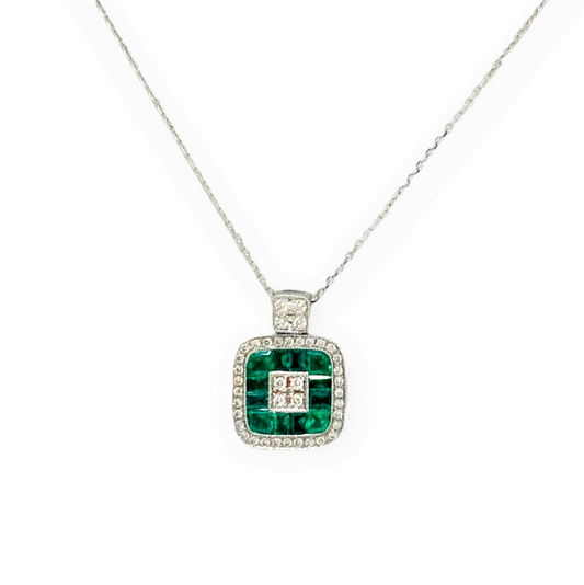 White gold cushion pendant of invisibly-set emeralds around a diamond center with a diamond halo