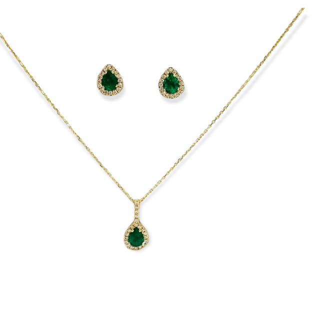Yellow gold matching set of pear emerald diamond-halo pendant necklace and stud earrings