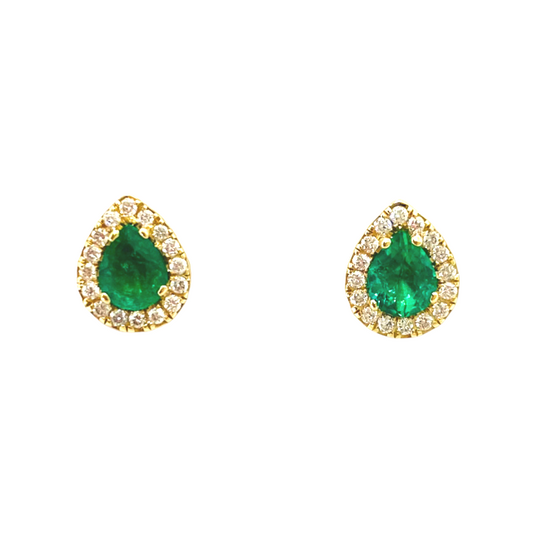 Pair of yellow gold pear-shaped emerald stud earrings with diamond halos