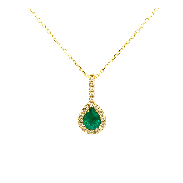 Yellow gold pear-shaped emerald pendant with a diamond halo and diamond-set bail on a chain