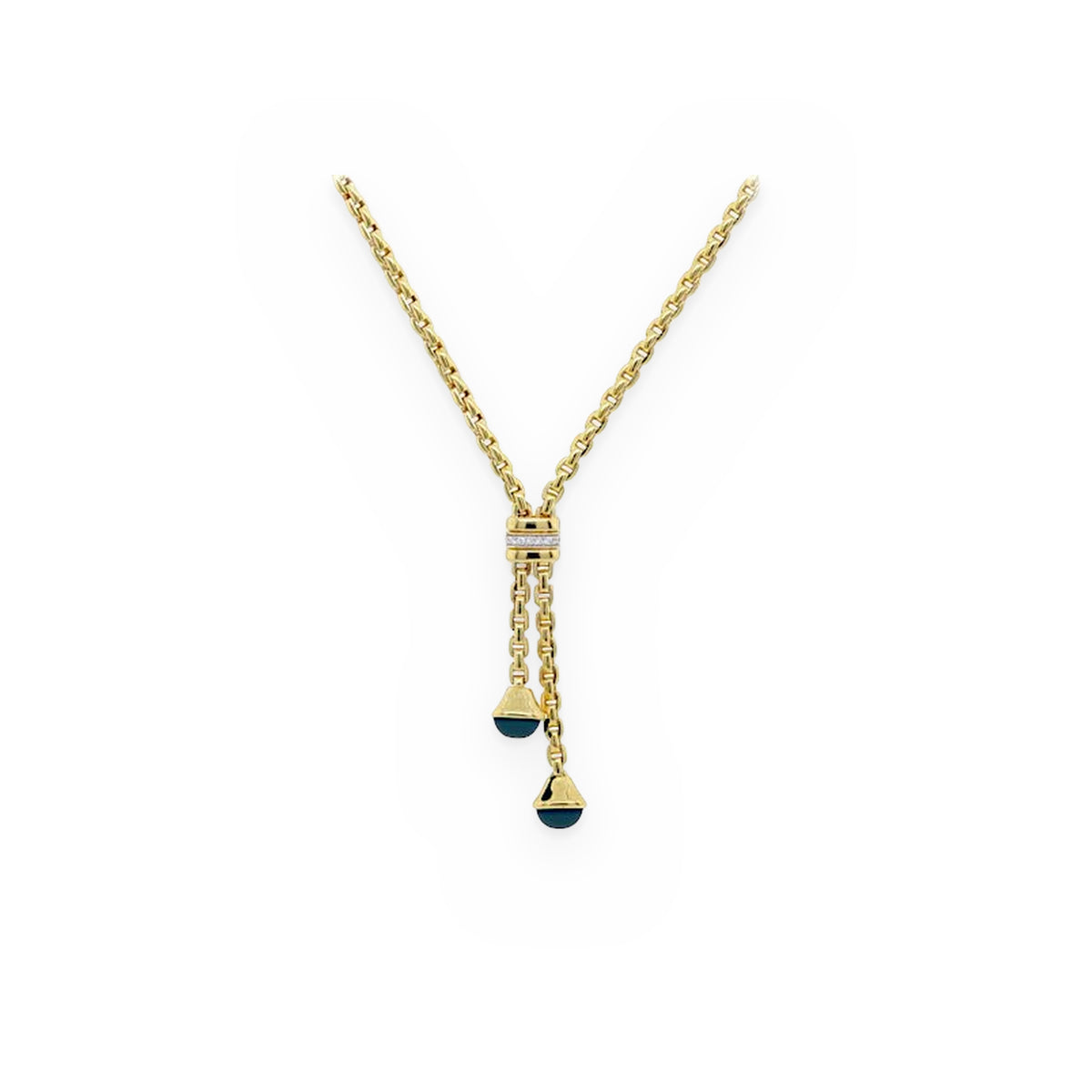Yellow gold cable-link lariat necklace with a diamond bar and two blue cabochon cone drops