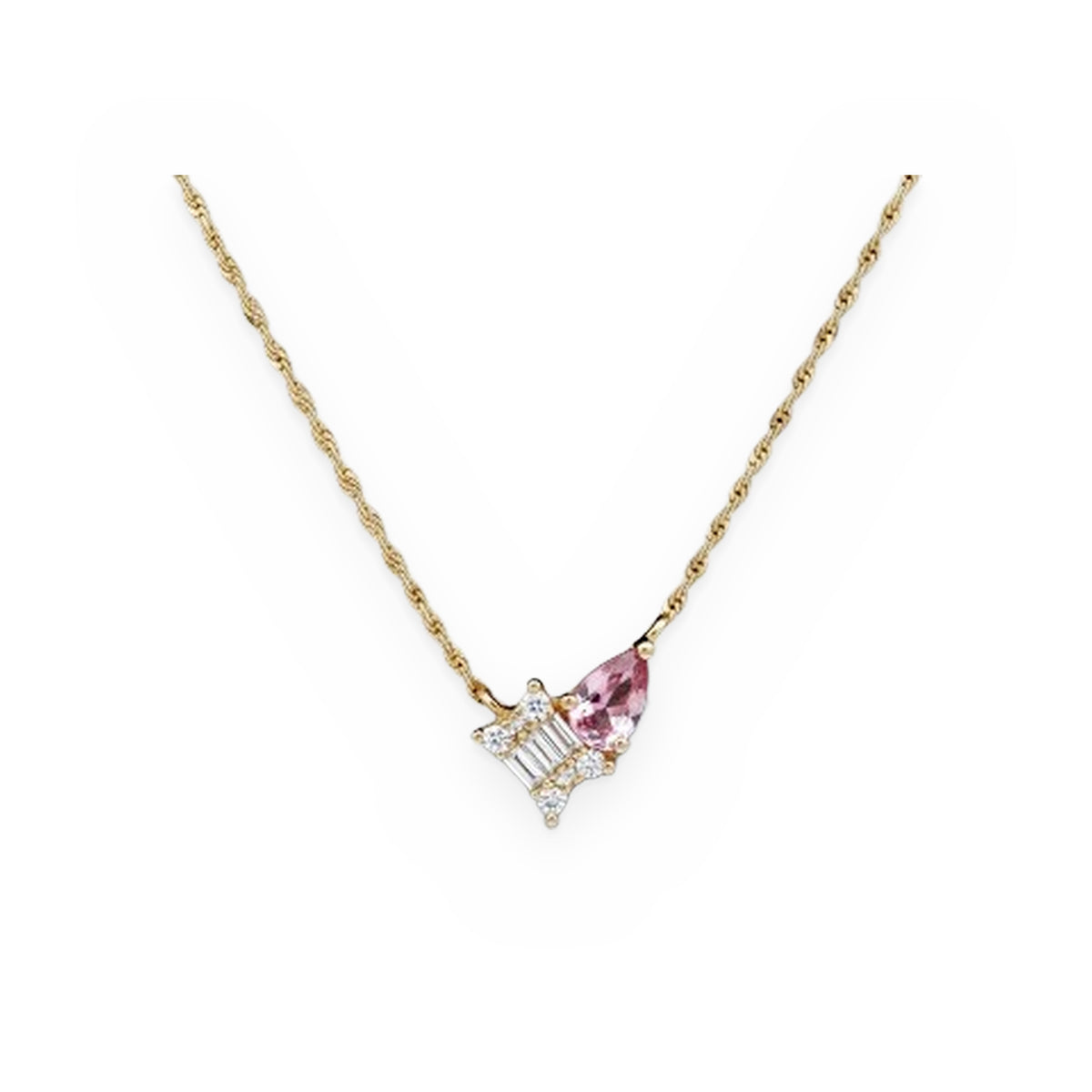 Yellow gold toi et moi necklace with a baguette diamond cluster and a pink sapphire pear