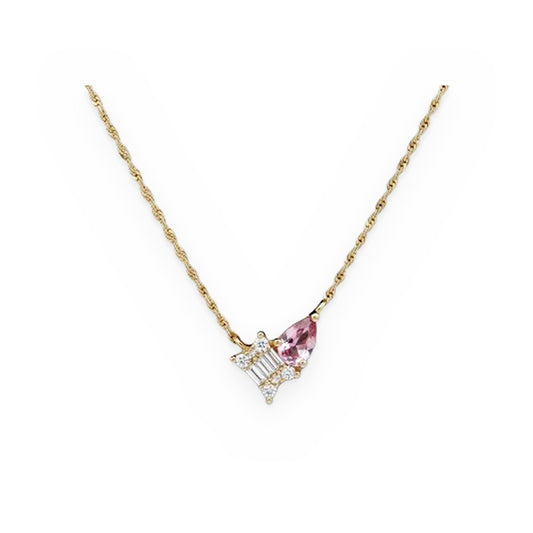 Yellow gold toi et moi necklace with a baguette diamond cluster and a pink sapphire pear