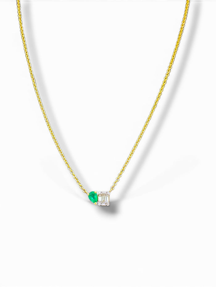 14K Yellow Gold Emerald & Diamond Asymmetrical Necklace