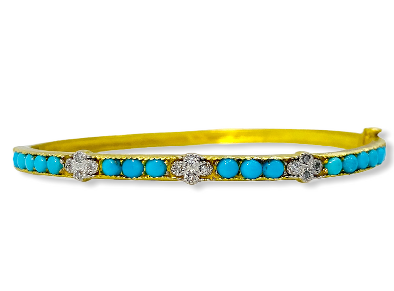 Yellow gold bangle bracelet set with turquoise cabochons and diamond quatrefoil stations