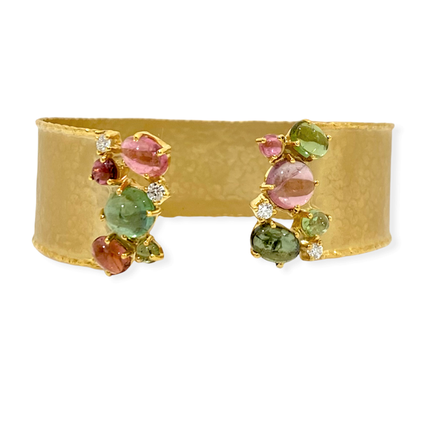 Yellow gold hammered open cuff with pink and green tourmaline cabochon clusters and diamonds