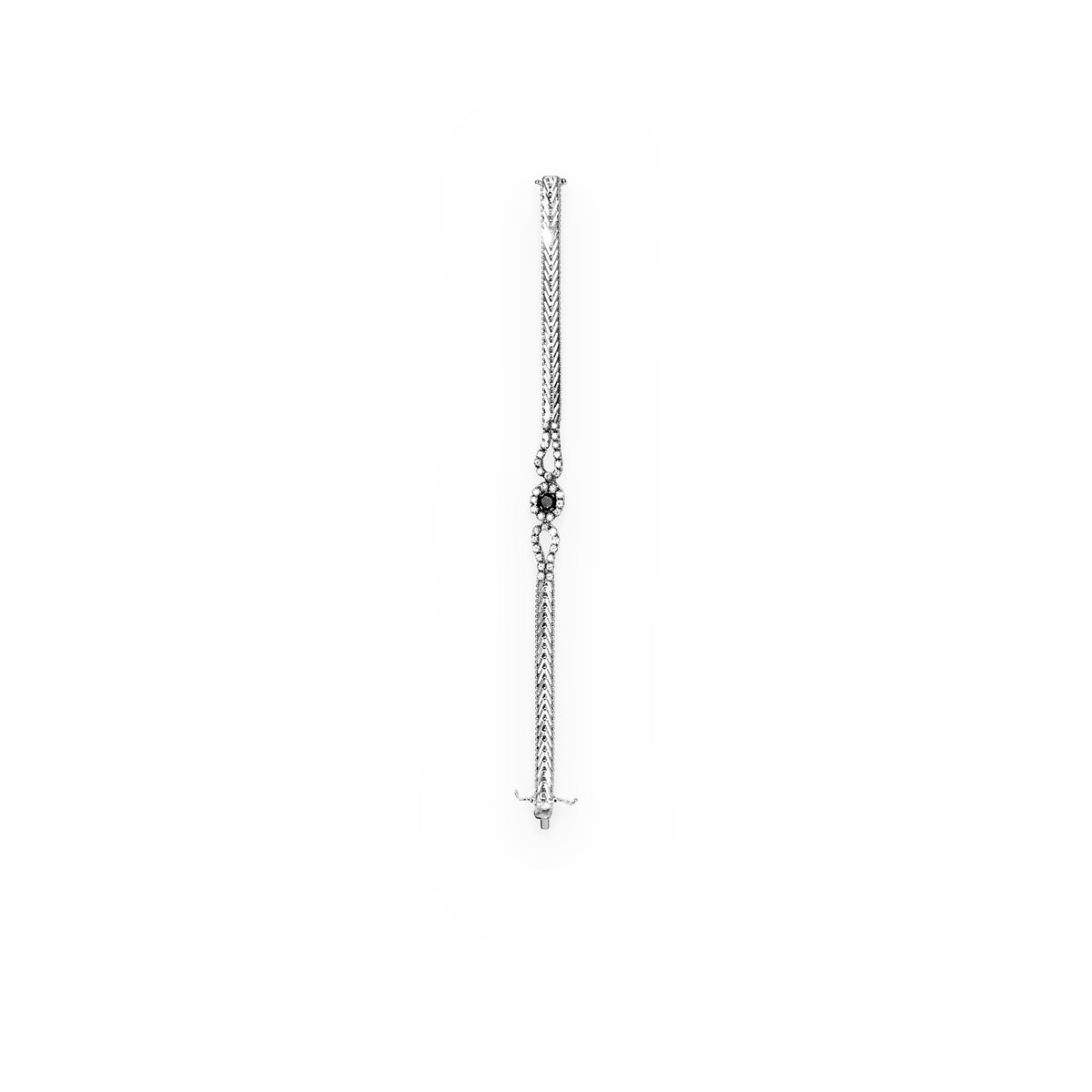 White gold herringbone bracelet with a bezel-set black center stone and diamond loop accents