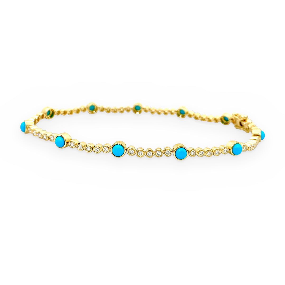 Yellow gold turquoise and diamond line bracelet shown as an oval loop