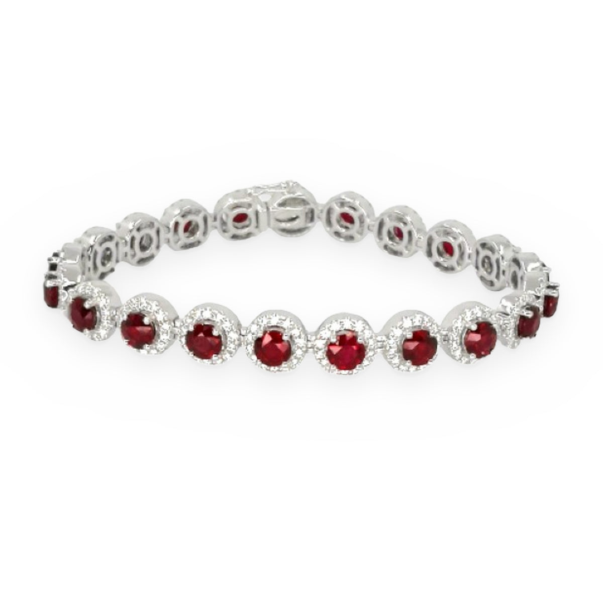 White gold bracelet of round rubies each framed by a diamond halo