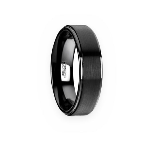 Black tungsten carbide men's wedding band with brushed center and stepped edges