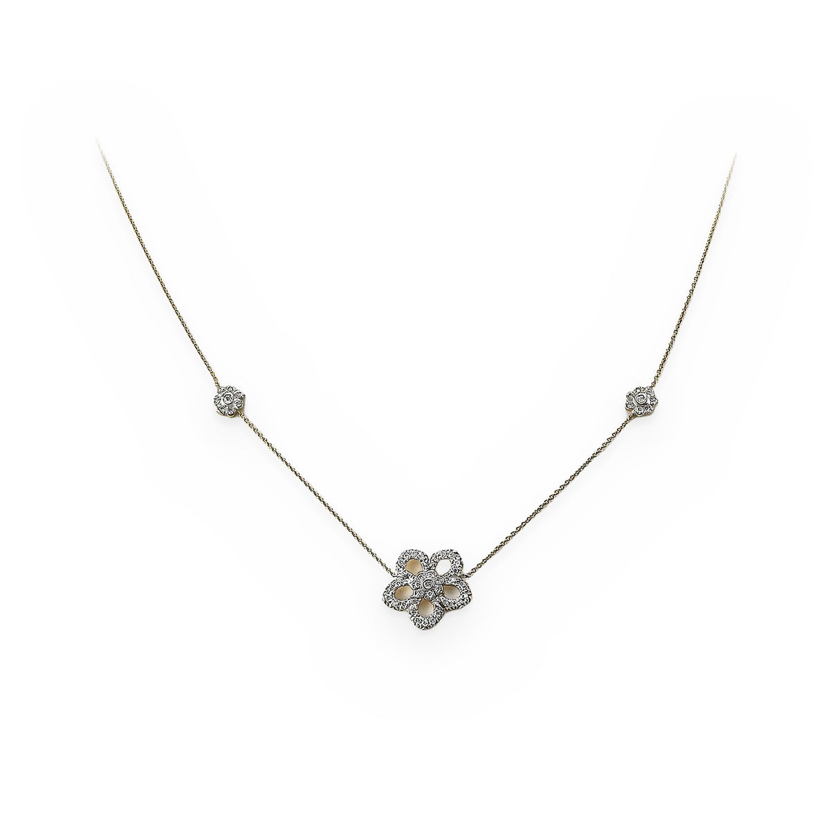 Yellow gold diamond openwork flower pendant necklace with side stations