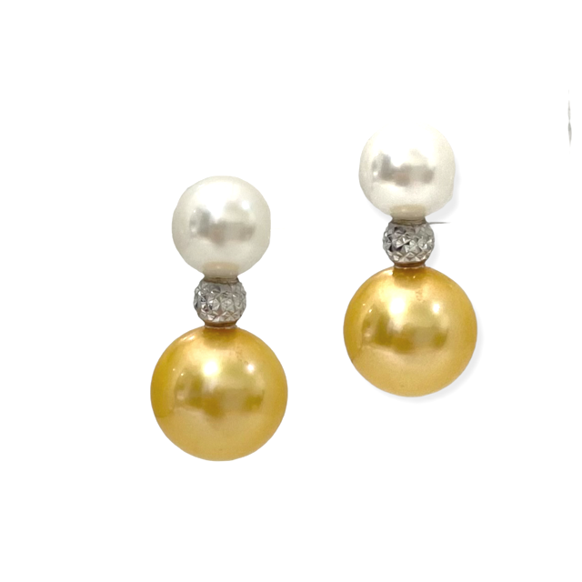 South Sea pearl drop earrings pairing white and golden pearls with diamond-cut gold beads