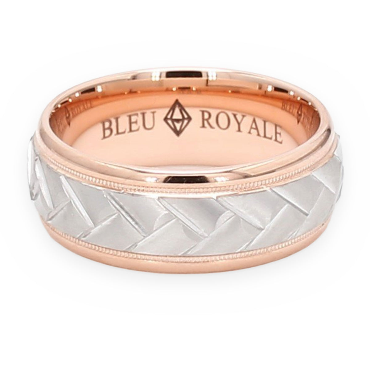 Bleu Royale two-tone men's wedding band with woven center and rose gold rails