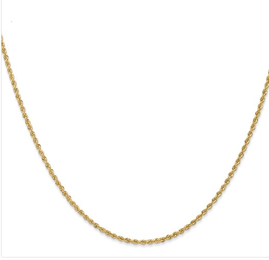 Yellow gold rope chain necklace shown in full