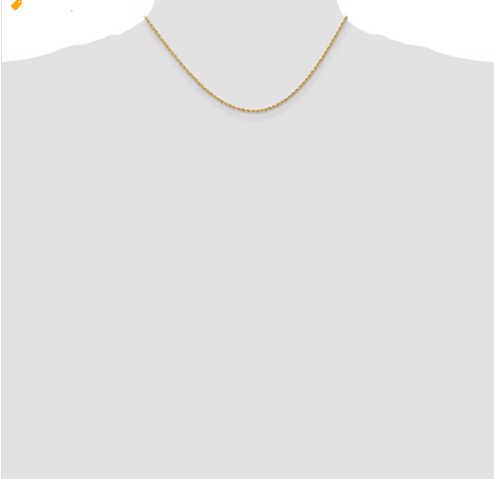Yellow gold rope chain shown on a neck display form