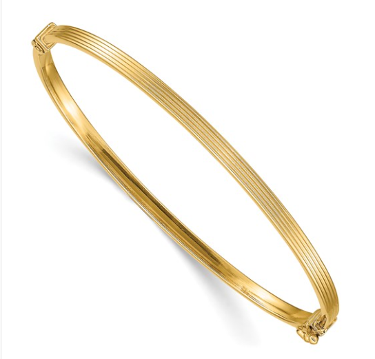 Yellow gold ridged textured hinged bangle bracelet