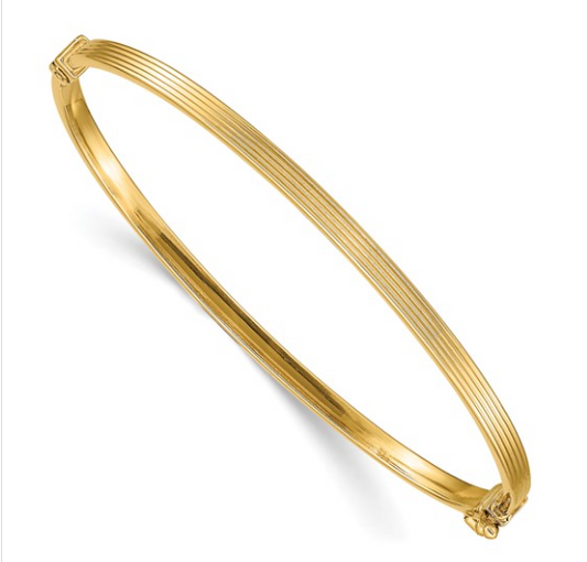 Yellow gold ridged textured hinged bangle bracelet