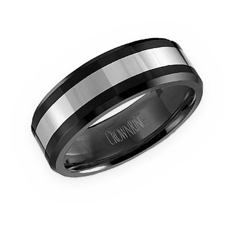 CrownRing black ceramic men's band with tungsten center inlay