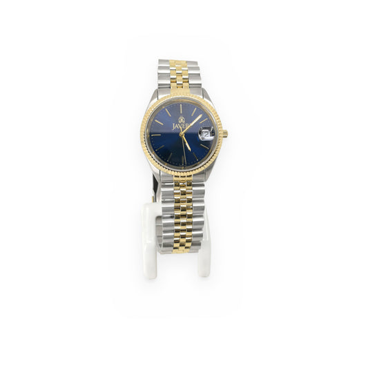 Javeri two-tone watch with blue dial and fluted gold bezel