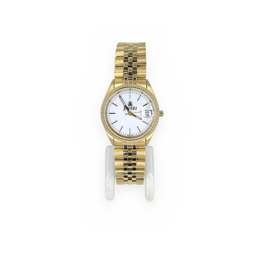Javeri gold-tone watch with white dial and fluted bezel