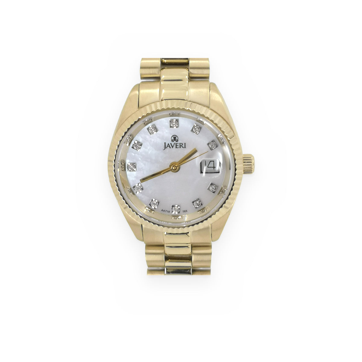 Close-up of a Javeri gold-tone watch face with mother-of-pearl diamond dial