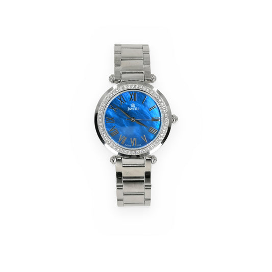 Javeri stainless steel women's watch with blue mother-of-pearl dial and crystal-set bezel
