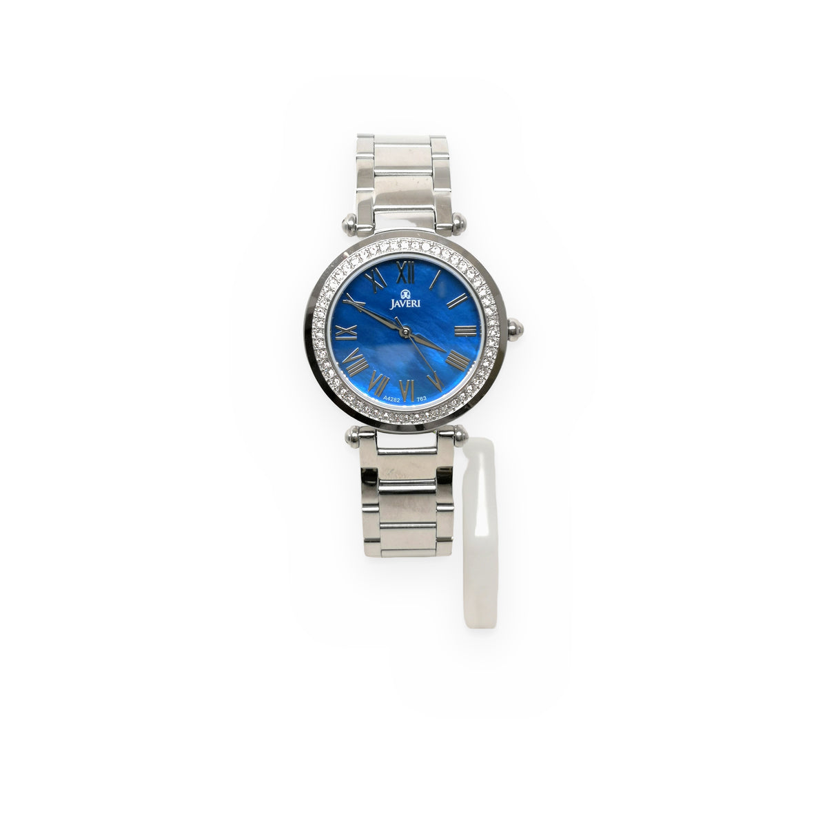 Javeri steel watch with blue mother-of-pearl dial and crystal bezel, front view