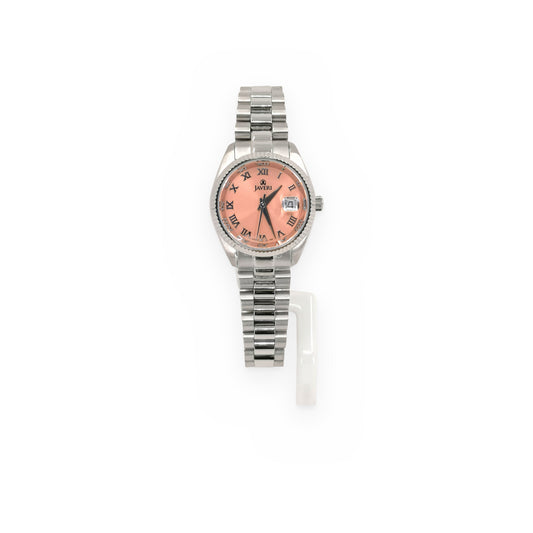 Javeri stainless steel ladies' watch with salmon-pink dial, fluted bezel and date window