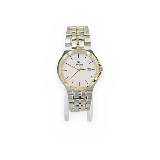 Javeri two-tone men's watch with white textured dial, gold bezel and date window