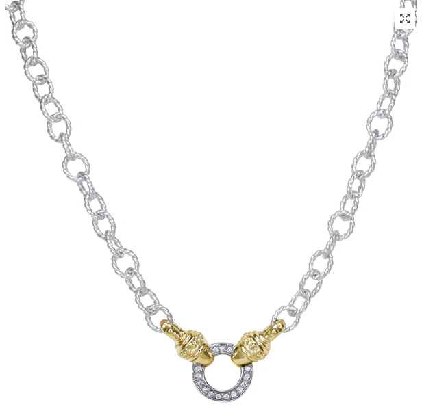 Two-tone silver and gold rolo necklace with pave diamond open-circle center