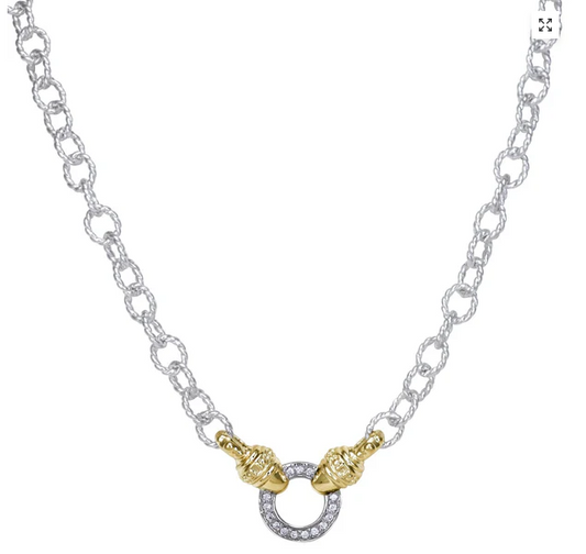 Two-tone silver and gold rolo necklace with pave diamond open-circle center