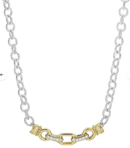 Two-tone silver and gold necklace with pave diamond and gold elongated-link center
