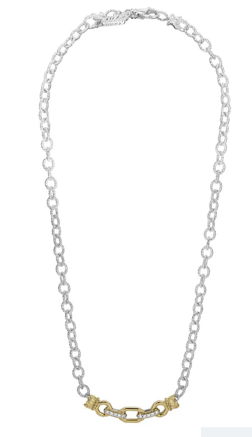 Full-length two-tone silver and gold rolo necklace with pave diamond link center