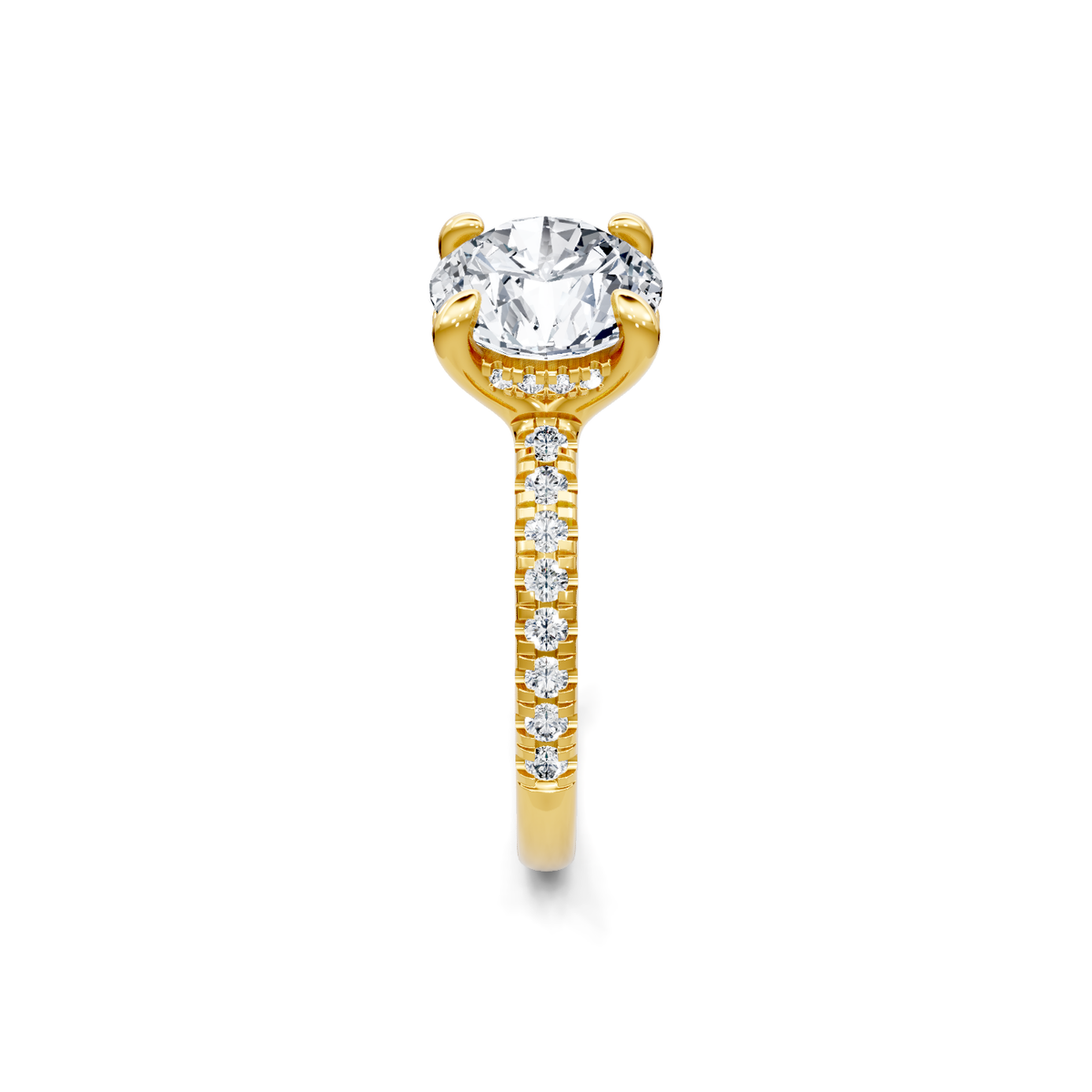 18K yellow gold round diamond solitaire engagement ring with diamond-accented band, side view