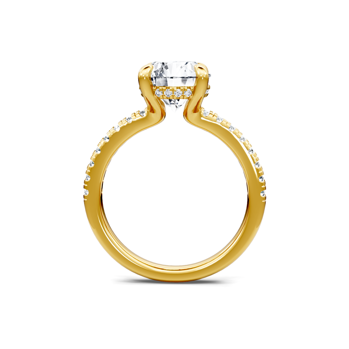 18K yellow gold round diamond solitaire engagement ring, through-finger profile view