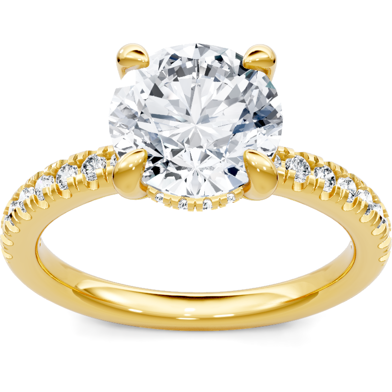 18K yellow gold round diamond solitaire engagement ring with pave band, top view