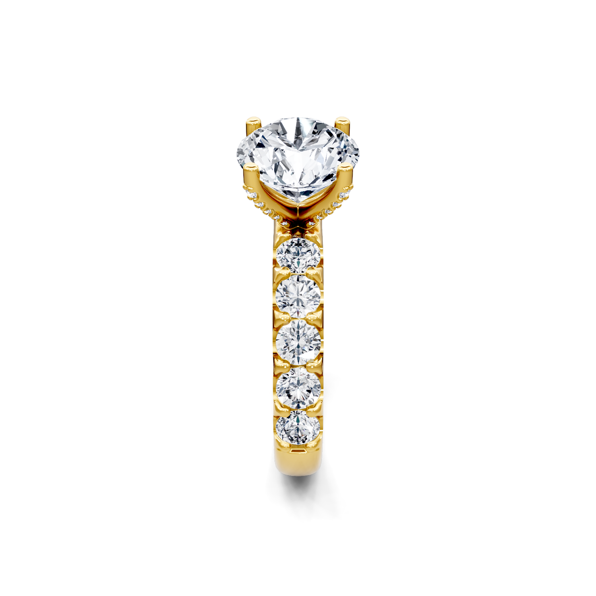 18K yellow gold round diamond engagement ring with prong-set diamond band, side view