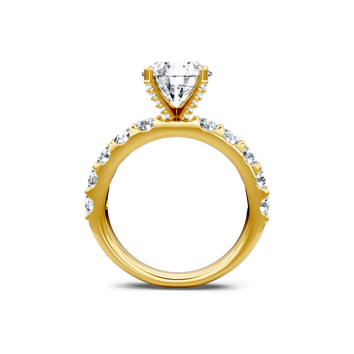 18K yellow gold round diamond engagement ring with shared-prong diamond band, front profile