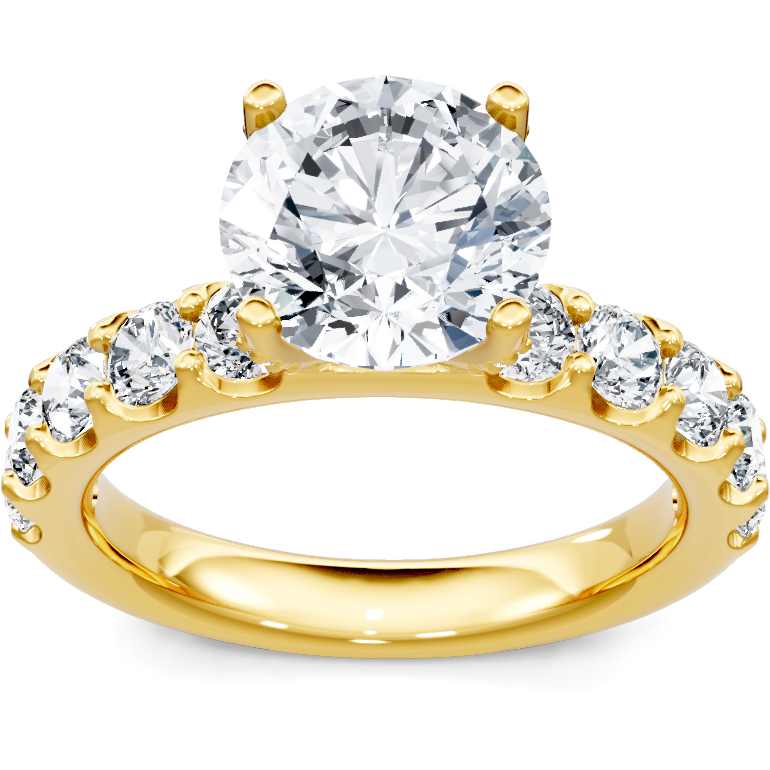 18K yellow gold round diamond engagement ring with prong-set diamond band, top view