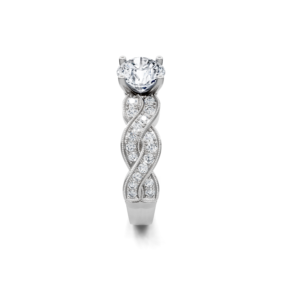 White gold round diamond engagement ring with milgrain twisted-vine diamond band, side view