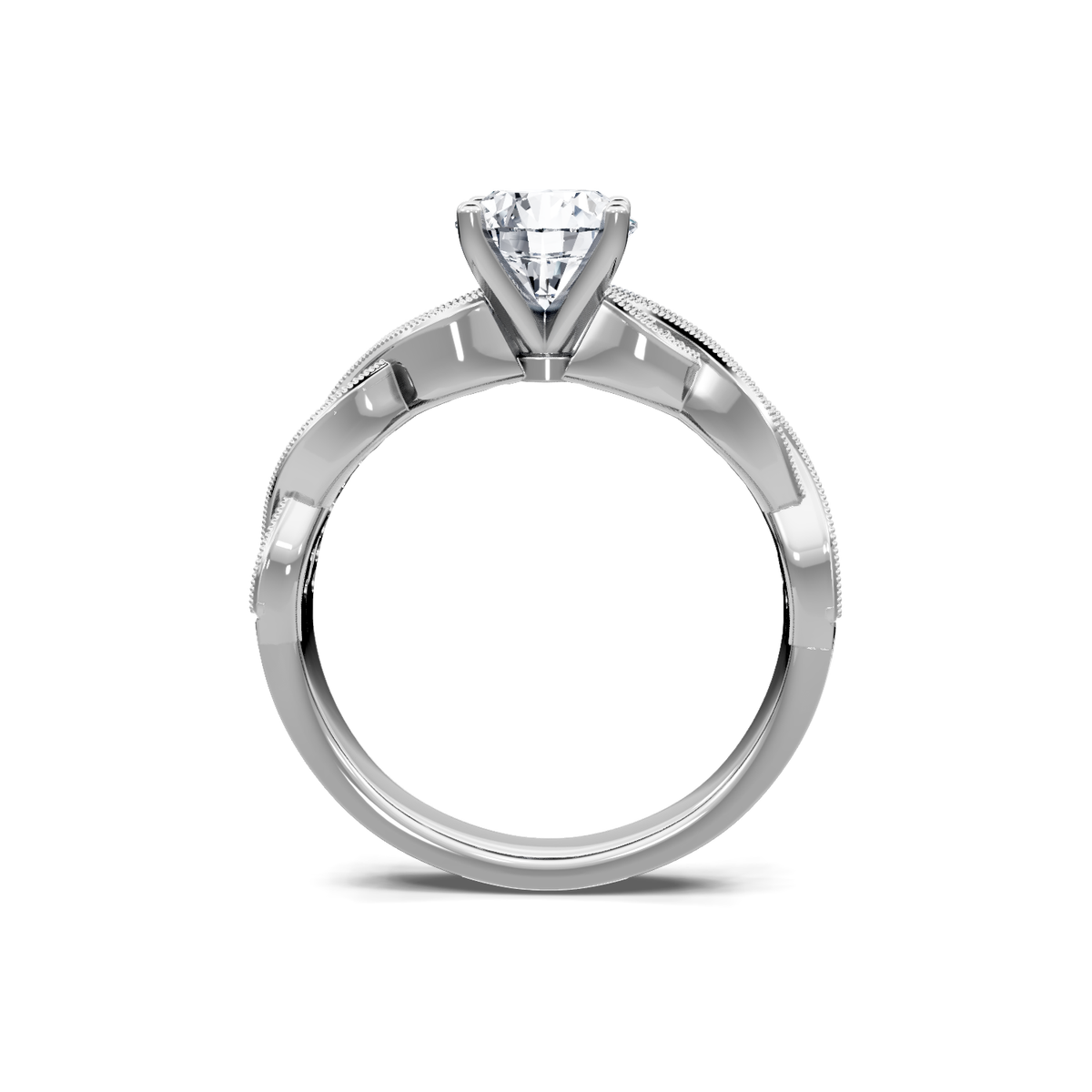 White gold round diamond engagement ring with twisted milgrain band, front profile