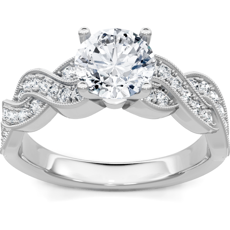 White gold round diamond engagement ring with twisted pave infinity band, top view