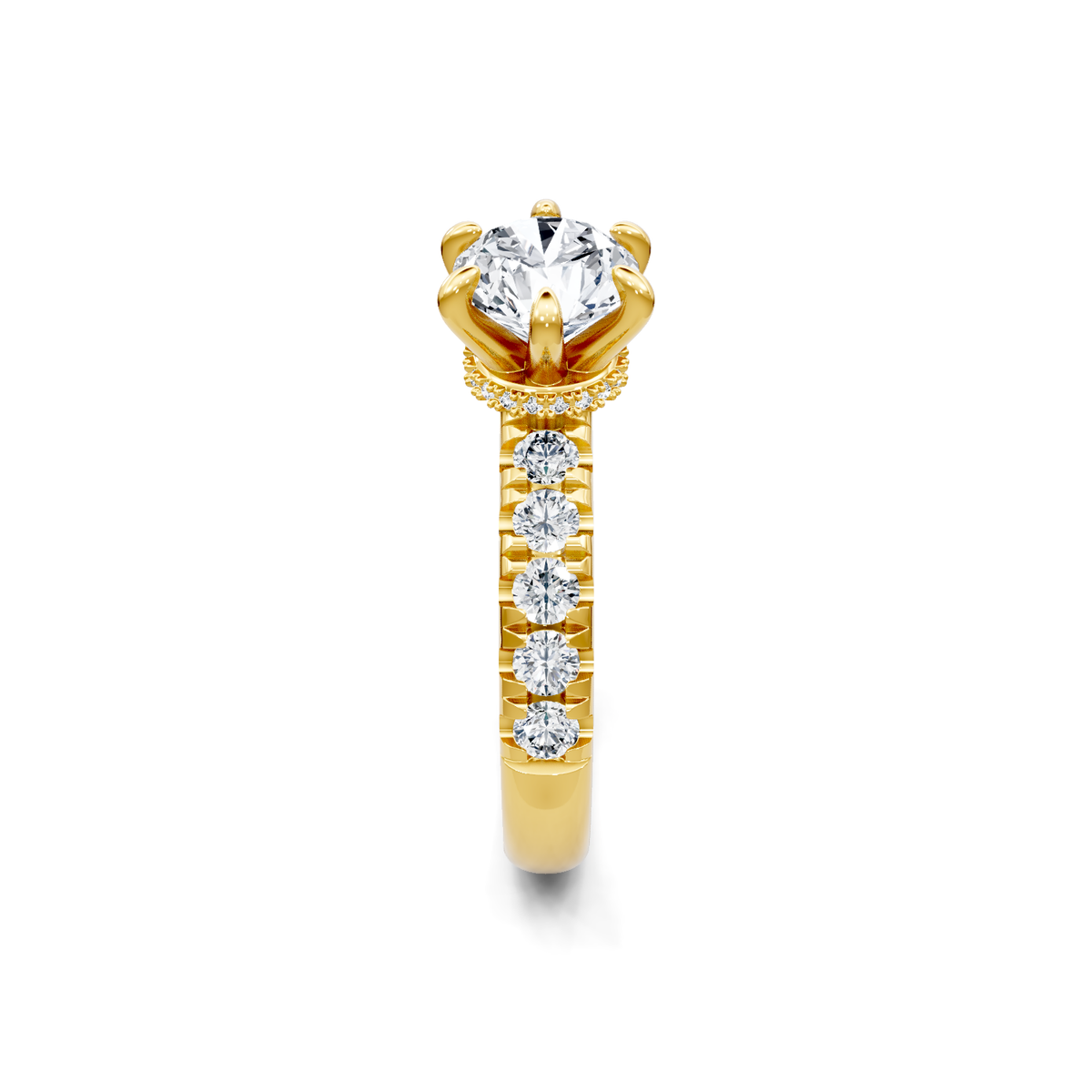 18K yellow gold round diamond engagement ring with six-prong head and diamond band, side view