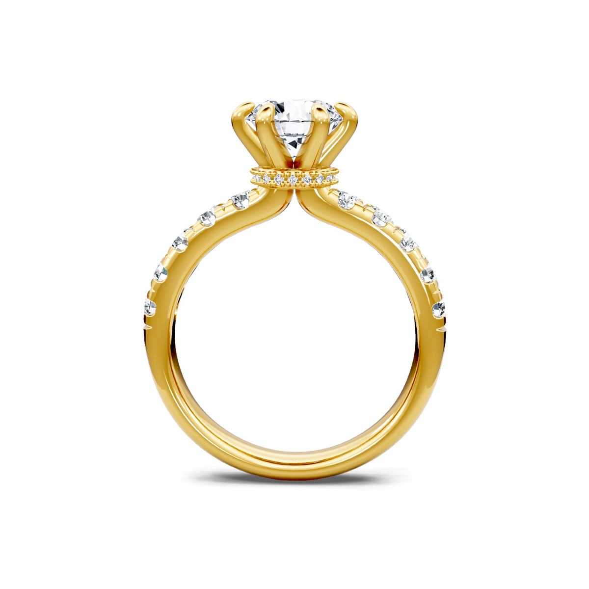18K yellow gold six-prong round diamond engagement ring, front profile