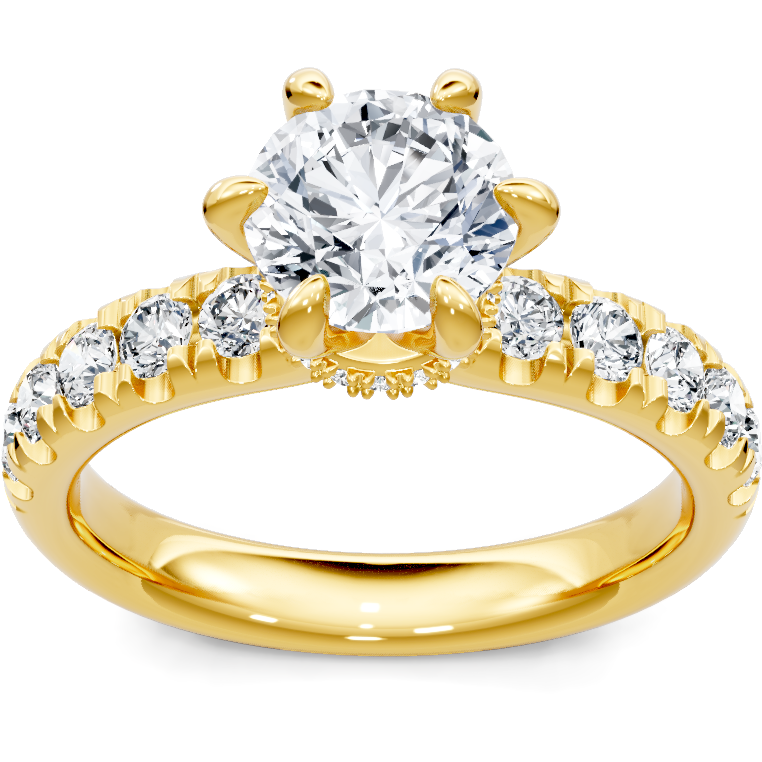18K yellow gold six-prong round diamond engagement ring with pave band, top view