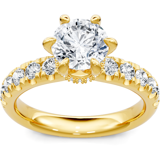 18K yellow gold six-prong round diamond engagement ring with pave band, top view