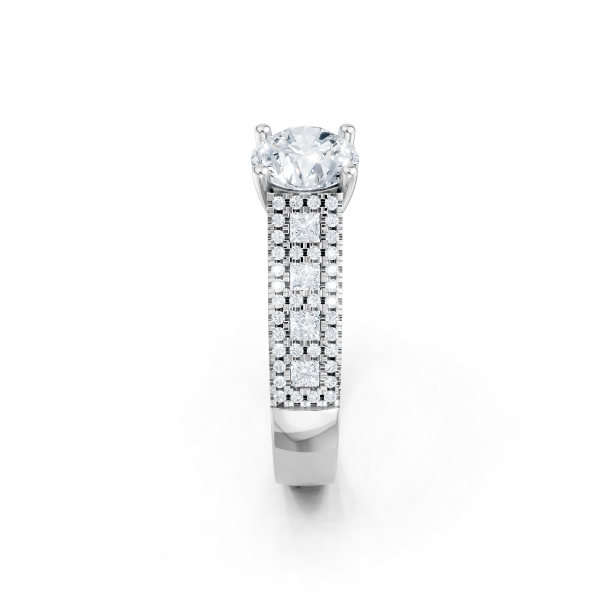 14K White Gold Round and Princess Cut Cathedral Semi Mount Engagement Ring
